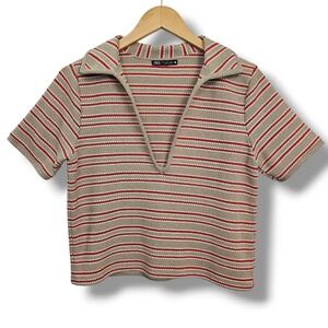 ZARA Striped Knit Top M Collared Cropped Short Sleeve Tan Red Valentines Day